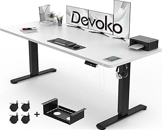 Devoko180x80cm Electric Standing Desk with USB Charging Height Adjustable Desk with 3 Memory Setting Adjustable Desk with Time Reminder Sit Stand Desk with Lock,White Frame+Black Desktop