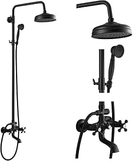 Bathroom Shower Faucet Rain Mixer 8 Inch Round Shower Head Double Cross Handle with Tub Spout Wall Mount Bathroom Shower Fixtures 3 Function Metal Handheld Sprayer Matte Black