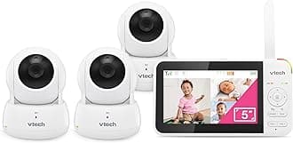 VTech Video Baby Monitor with 3 Cameras, 5" LCD Screen, Up to 17Hrs Video & 31Hrs Audio Battery Life, Night Vision, 1000ft Range, Pan-Tilt-Zoom, Lullabies, Soothing Sounds, Temperature Sensor, VM924-3