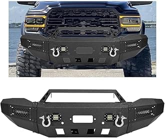 KUAFU Front Bumper Assembly Compatible with 2019-2024 Dodge Ram 2500 & 3500 w/Winch Plate, 4-LED Lights, D-Rings and Sensor Holes Powder Coated Black (2 Packages)