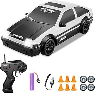 Remote Control Car RC Drift Car, 1/24 RC Car 2.4GHz 4WD RC Drift Racing Car High Speed RC Cars with Cool Lights, Rechargeable Battery and Extra Tires Birthday Gifts for (White) (HB-ZP1008)