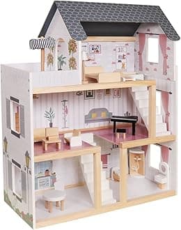 Wooden Play Doll House With Accessories & Furniture Role Play Doll House 4 Designs Christmas, Birthday Girls Gift (Design 3)
