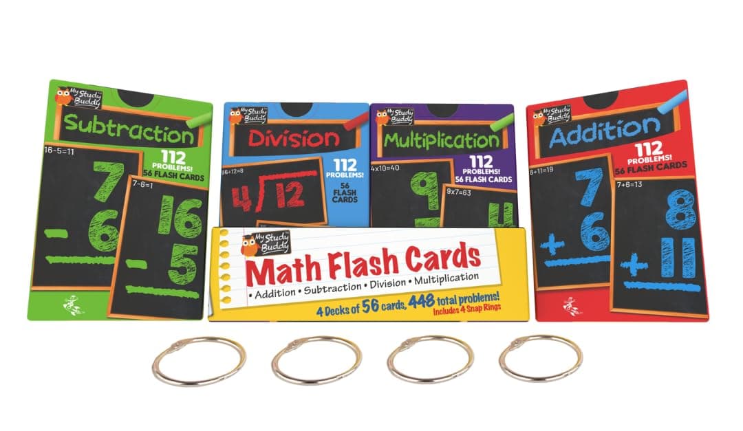 Math Flash Cards for Multiplication, Division, Addition and Subtraction - 1st, 2nd, 3rd Grade Math & More - Flash Cards w/ 4 Binder Rings for Kids (224 Cards - 4 Packs)