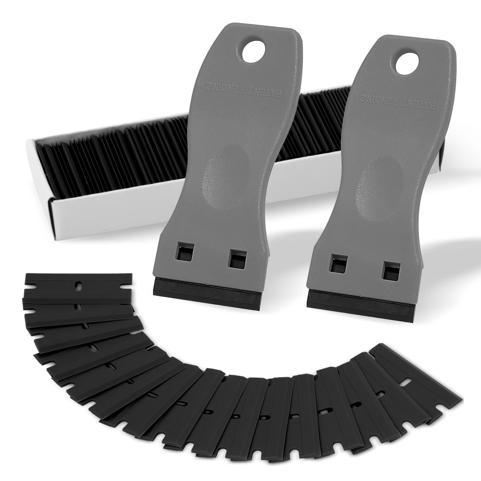 FOSHIO 2PCS Plastic Razor Blade Scraper Tool and 100PCS Plastic Blades for Gasket Remover, Sticker Remover, Labels Decal and Adhesive Remover for Windows and Glass (Grey)