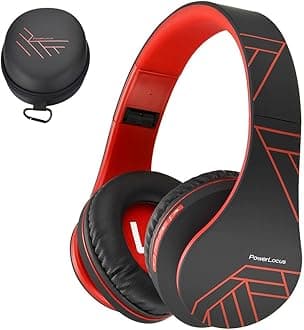 – PowerLocus Bluetooth Over-Ear Headphones, Wireless Stereo Foldable Headphones Wireless and Wired Headsets with Built-in Mic, Micro SD/TF, FM for iPhone/Samsung/iPad/PC (Black/Red)