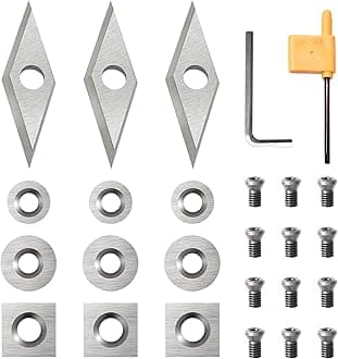 27pcs Carbide Lathe Tools,Tungsten Cutters Inserts Set for Wood Lathe Turning Tools, Include 11 mm Square with Radius, 12 mm and 8.9 mm Round, 30 x 10 mm Diamond, Screwdriver,Screws