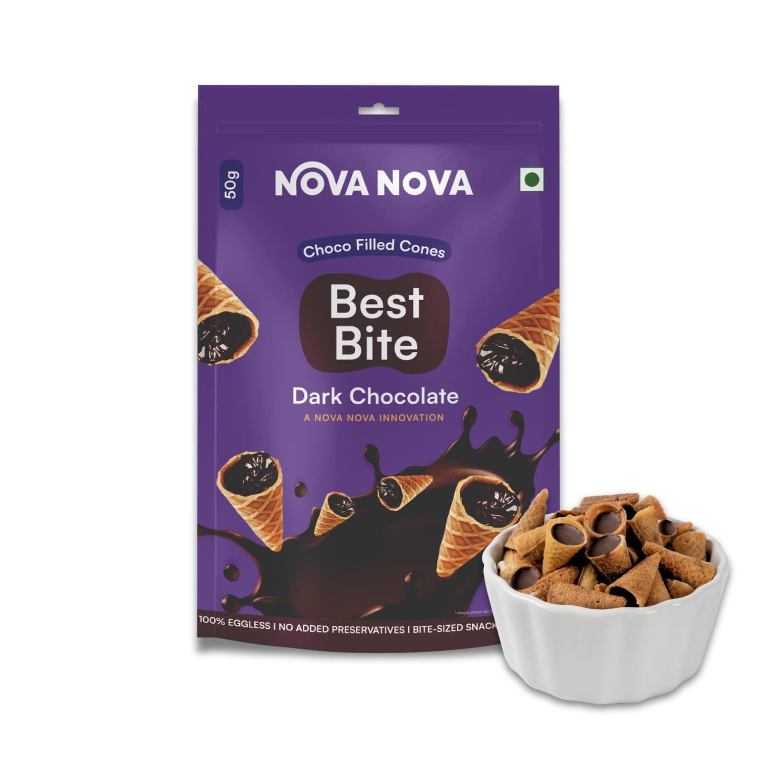 NOVA NOVA Best Bite Choco Filled Cones|Dark Chocolate - Pack Of 2|100% Eggless|No Added Preservatives,100 Gram
