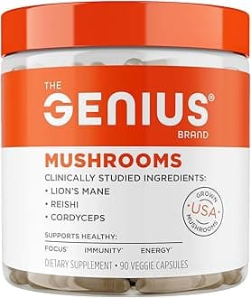 The Genius Brand Genius Mushrooms - Plant-Based Supplement for Immune, Focus & Energy Support - Lion's Mane, Cordyceps & Reishi - Organic & Non-GMO - 90 Veggie Capsules