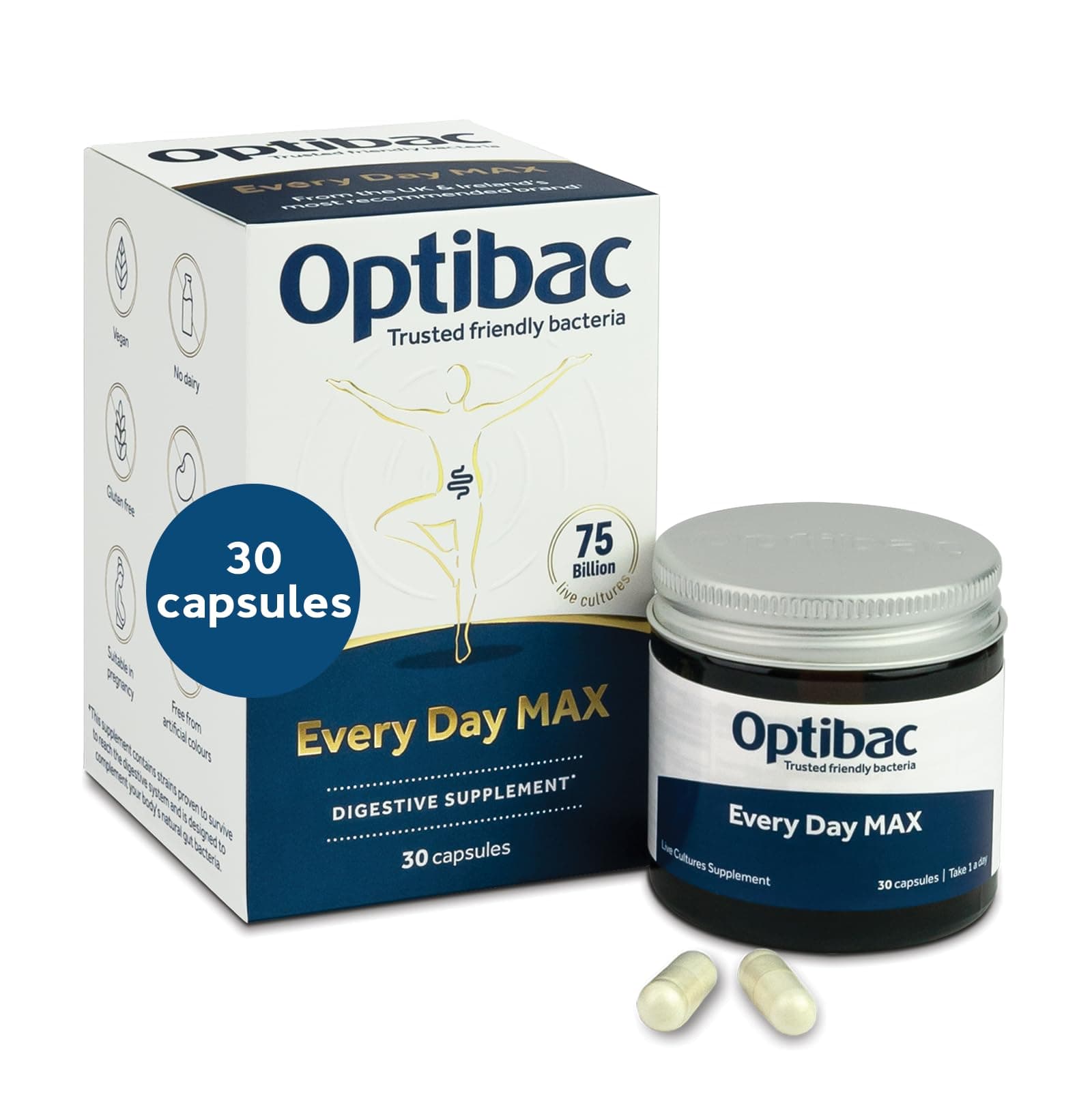 Optibac Probiotics Every Day MAX - Advanced Maximum Strength Vegan Digestive Probiotic Supplement with 75 Billion Bacterial Cultures - 30 Capsules