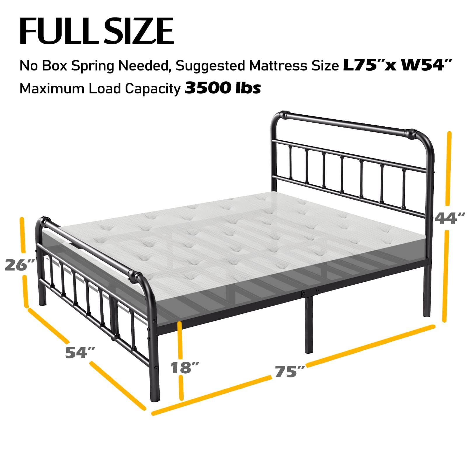 Double Bed Frame Full Size with Headboard and Footboard, 18 Inches High, 3500 Pounds Heavy Duty Metal Slats Support for Mattress, No Box Spring Needed, Noise-Free, Black
