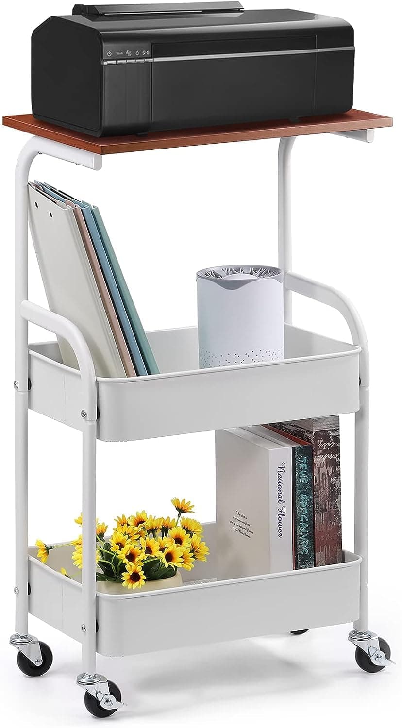 Printer Stand with Wheels, Mobile Printer Cart with Storage Shelves, 3 Tier Printer Table, Industrial Rolling Printer Holder Wood Machine Stand Rack for Home Office and Workspace, White