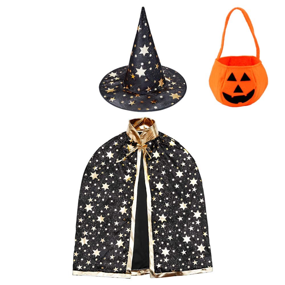 Jeackcelle Wizard Cape Witch Cloak With Hat, Pumpkin Candy Bag, Halloween Costumes Props for Kids Cosplay Party (Black)