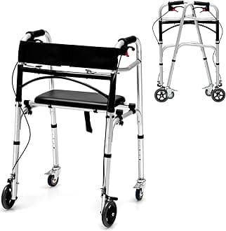 Goplus Walkers for Seniors, 4-in-1 Folding Walker with 5’’ Wheels, Detachable Seat, Height Adjustable Stand Up Walker, Medical Walking Mobility Aid, 350lbs Rolling Walker for Adult Bariatric Handicap
