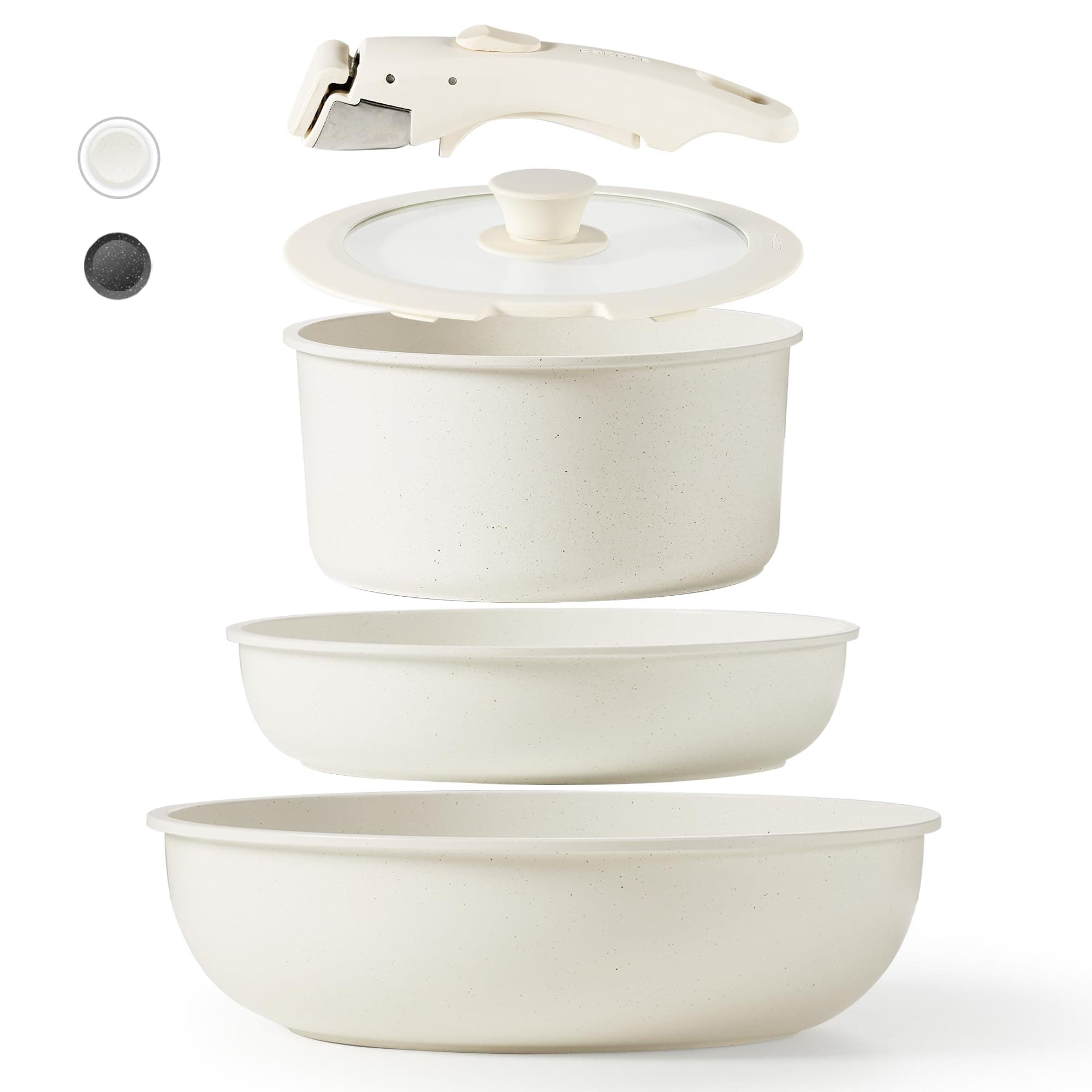 Carote Nonstick White Cookware Sets with Removable Handle, 5 Pcs Granite Pots and Pans Set,Non Stick Stone Kitchen Cooking Sets Suitable for All Stoves, Induction & Oven Safe