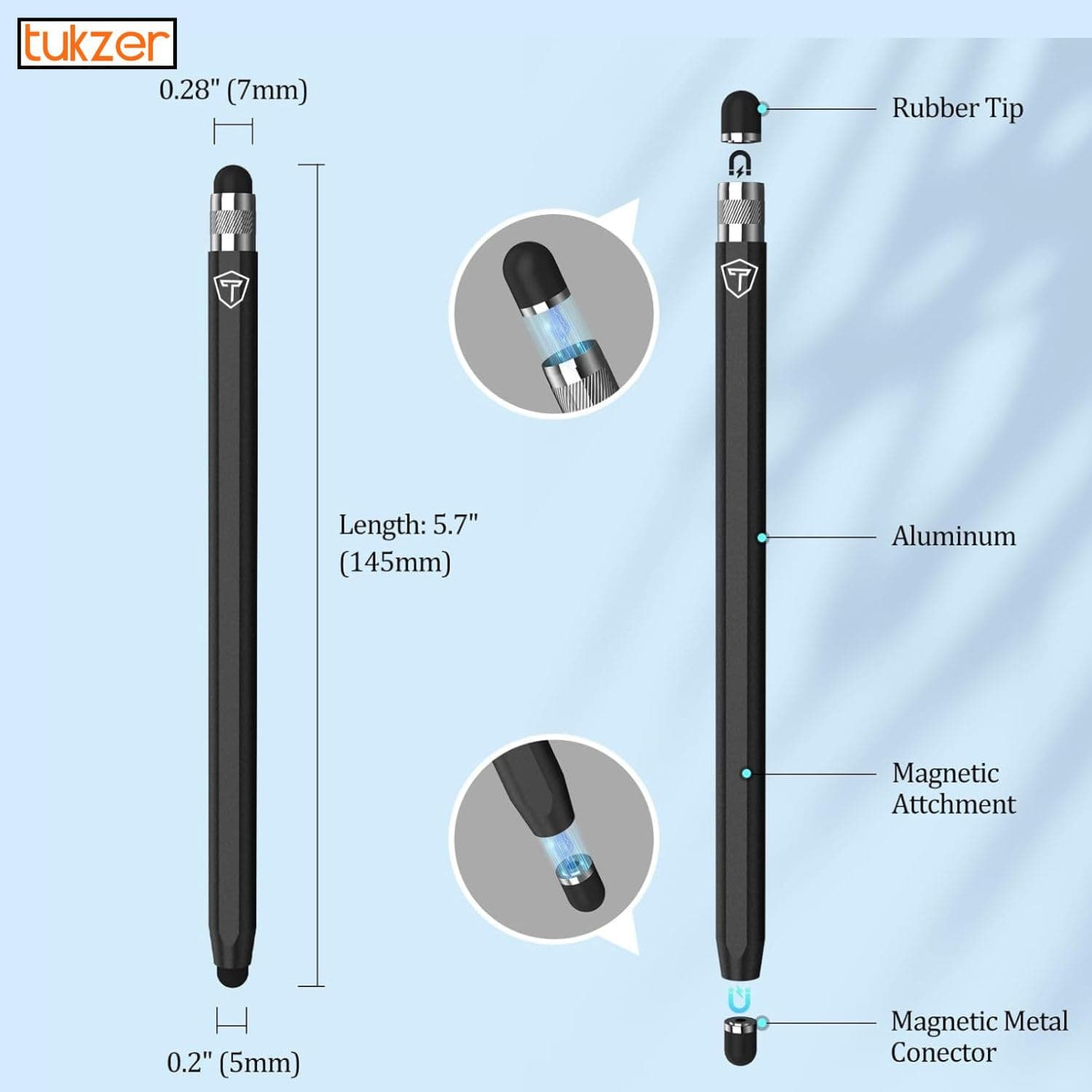 Tukzer 2-in-1 Capacitive Stylus Pen V2.0, Precise Stylus -Fine Point Disc Tip & Micro-Knit Hybrid Fiber Tip, Light Aluminum Body, Rubber Grip, for Touch Screen Devices, Smartphones, Tablets (Black)