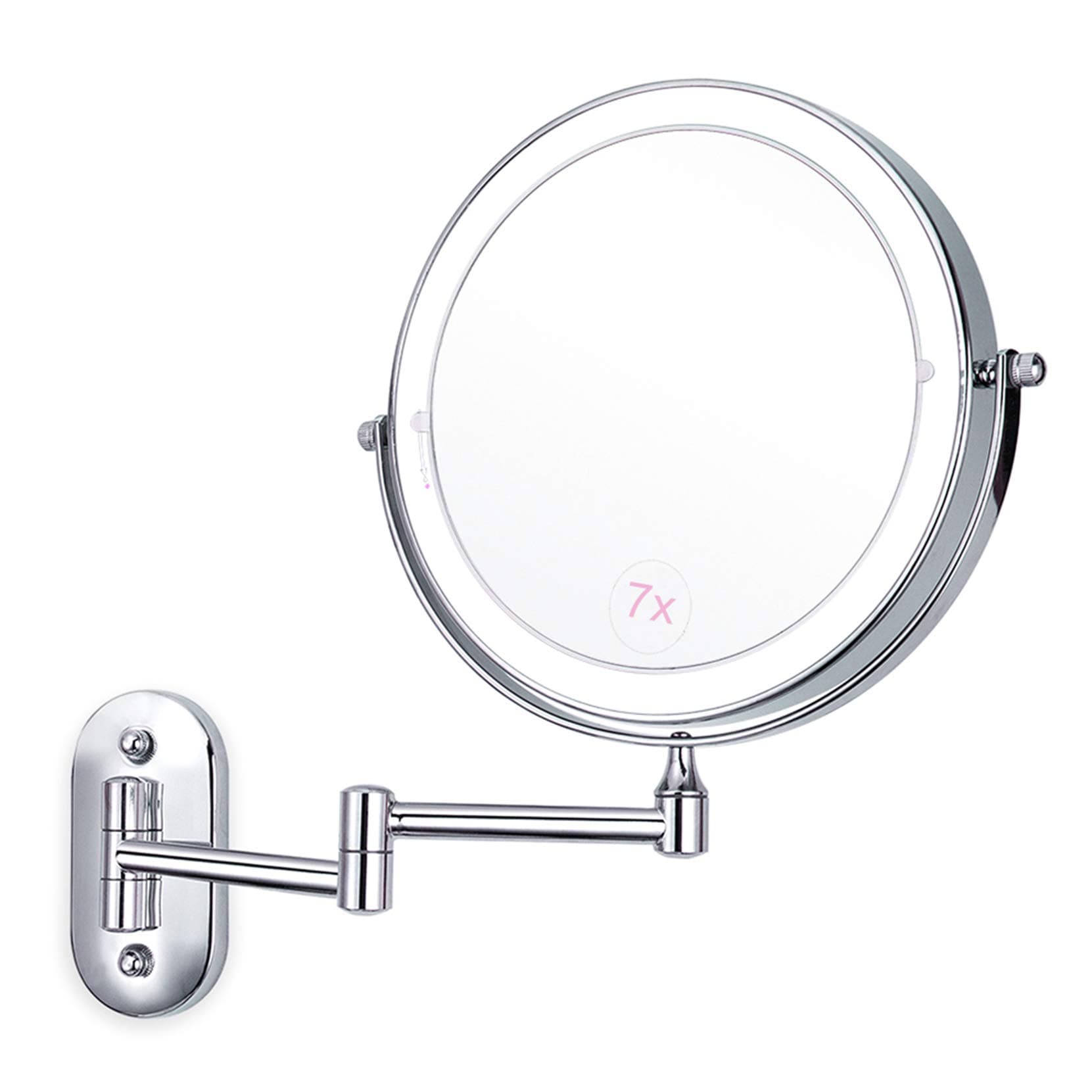 Wall Mounted Makeup Mirror 7X Magnification Double Sided Folding LED Bathroom Mirror Retractable 360°Swivel Illuminated Vanity Mirror, Powered by 4 x AAA Batteries，8 Inches