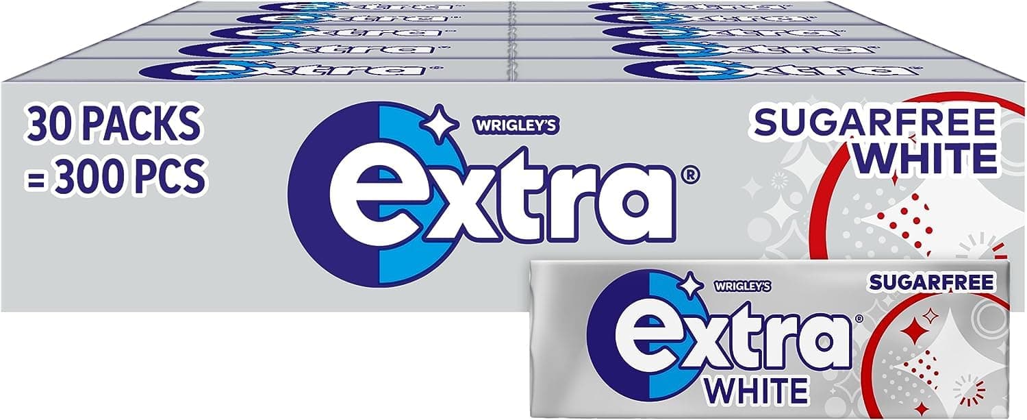 Wrigley's Extra White Peppermint Sugar Free Chewing Gum Bulk Multipack, 30 x 10 Pieces - Teeth Whitening Mint Gum - Air Travel Essentials, Festival Accessories & Road Trip Snacks