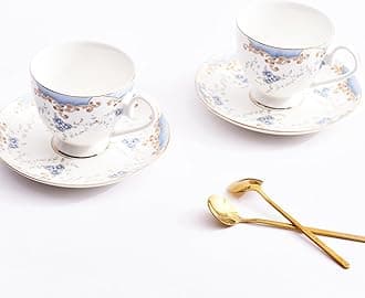 Vintage Floral Porcelain Tea Cup and Saucer Set with Gold Trim, Spoon, Espresso, Coffee, Gift Boxes (2, Blue Rose)