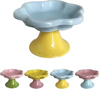 Ceramic Elevated Cat Bowls Flower Dish,Small Raised Dish.Flower Ceramic Raised Bowls for Cats and Small Dogs reducing pet’s Neck Bending and Pressure （Blue Yellow）