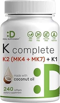 DEAL SUPPLEMENT Vitamin K Complete - 240 Coconut Oil Softgels | High Potency Vitamin K2 (MK-7 and MK-4) & K1 | Full Spectrum Triple Vitamin Ｋ | Bone, Joint, & Immune Support – Non-GMO