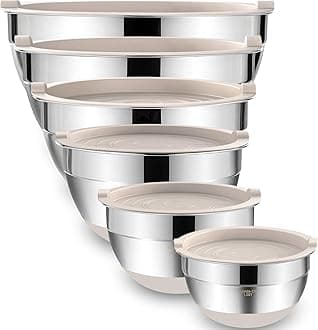 Mixing Bowls with Airtight Lids, 6 piece Stainless Steel Metal Nesting Storage Bowls, Non-Slip Bottoms Size 7, 3.5, 2.5, 2.0,1.5, 1QT, Great for Mixing & Serving (Khaki)