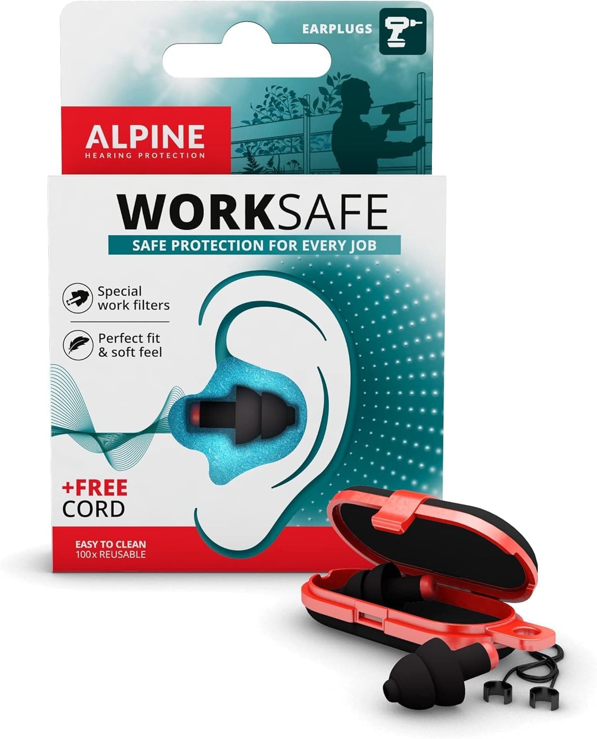 WorkSafe Hearing Protection - Reusable Noise Protection Earplugs for Work and Craftsmen, Easy to Remove with Gloves, Comfortable for All Day, with Safety Cable
