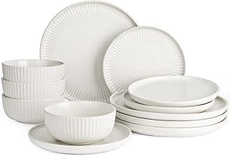 Starlight Plates and Bowls Dishes Set of 4 (12 Pieces), Ribbed Textured Stoneware Dinnerware Sets- Dishwasher & Microwave Safe, Chip Resistant, Matte Reactive White