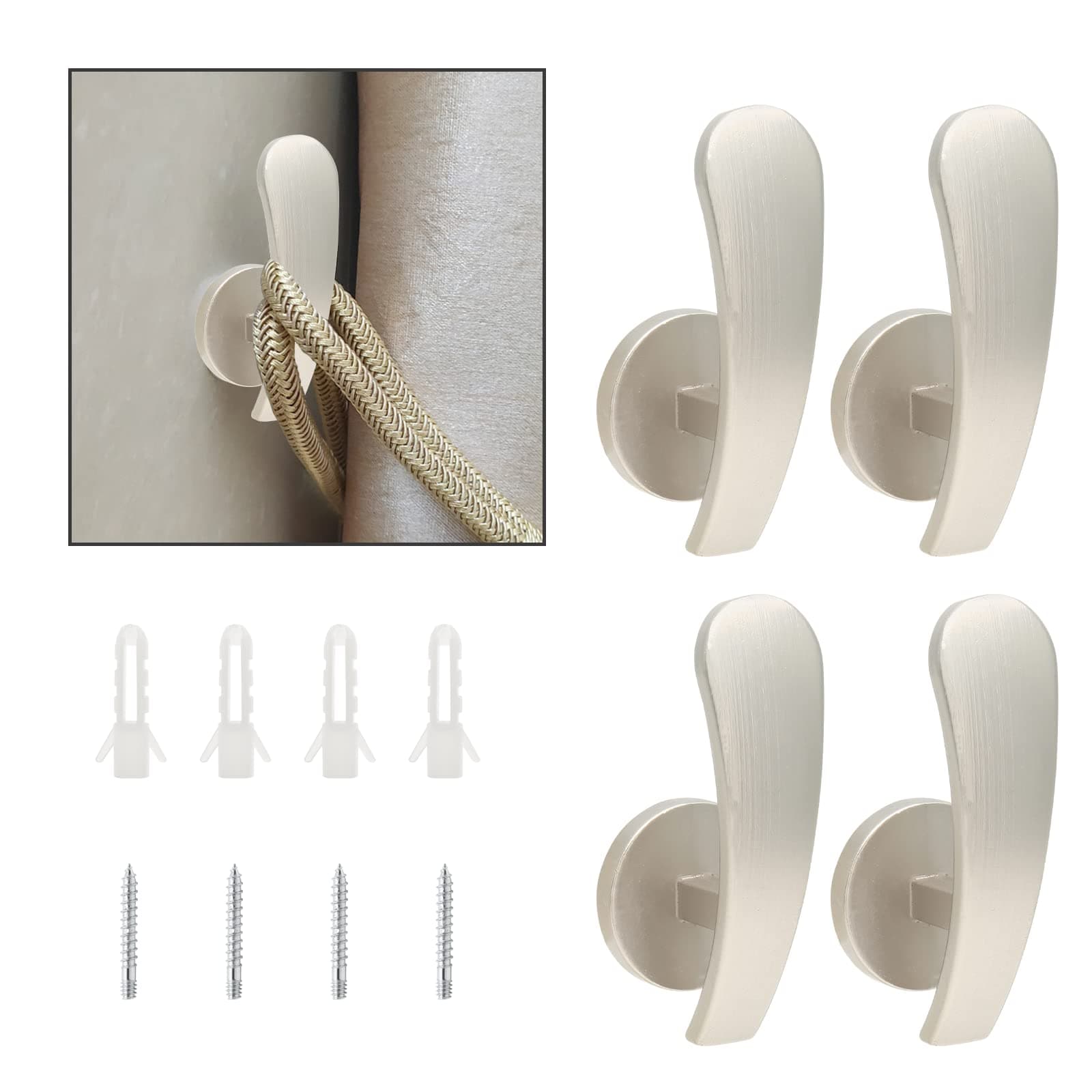 4 Pack Silver Curtain Tieback Hooks, Curtain Holdback Hooks for Wall Mounted, Decorative Hooks Drapery Tiebacks with Screws (4 Pack Silver)