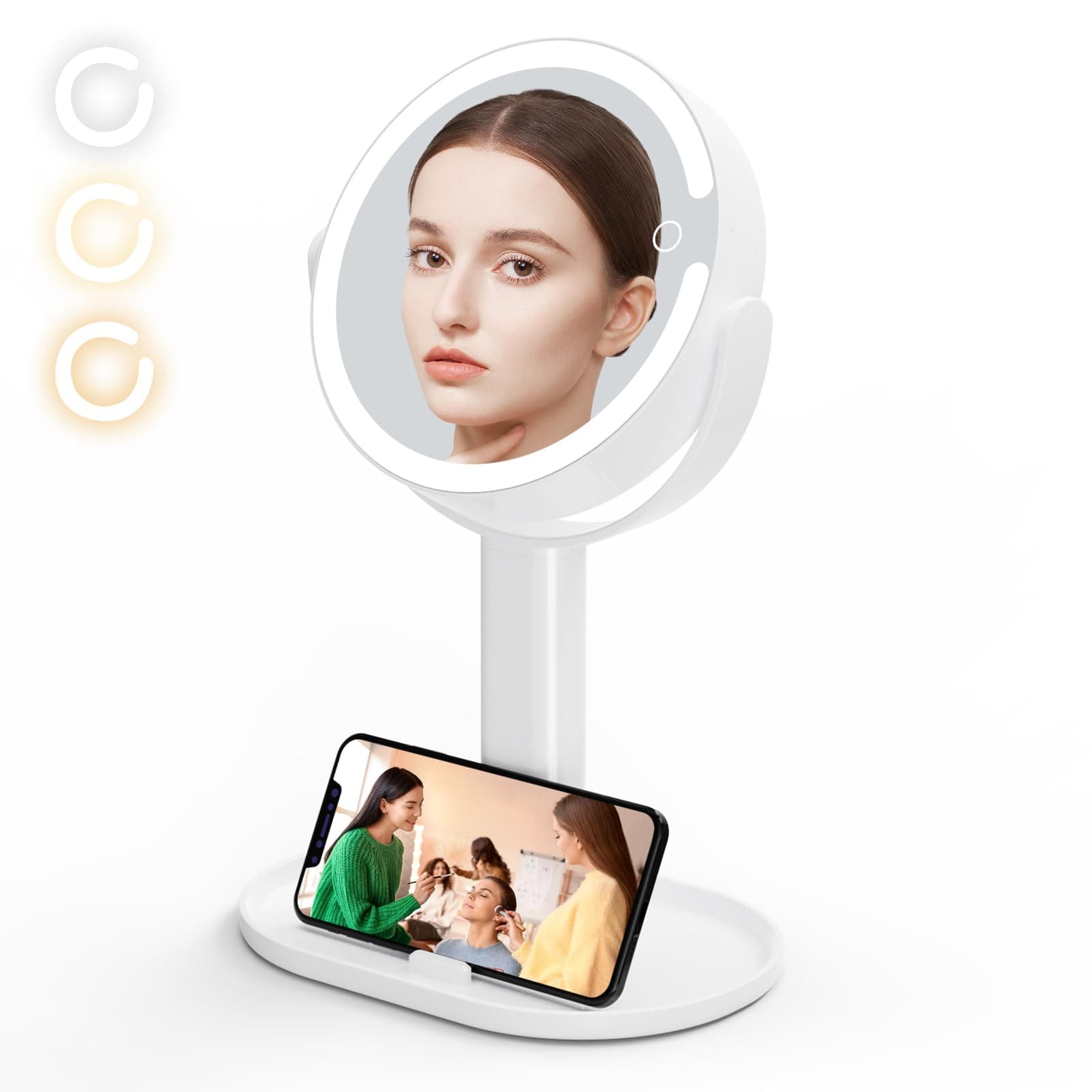 PEEH Lighted Makeup Mirror, 7" Rechargeable Double Sided Magnifying Mirror with 3 Colors Lights, Light White