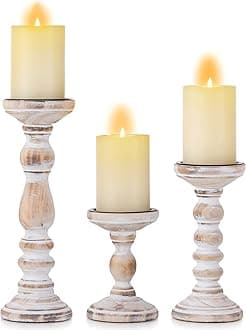 Romadedi Candle Holder for Pillar Candles: Set of 3 Decorative Wood Candlestick Holders, Rustic Wooden Candle Stand for Fireplace Mantle End Table Shelf in Farmhouse Style, Whitewashed 6”, 8.3”, 12”