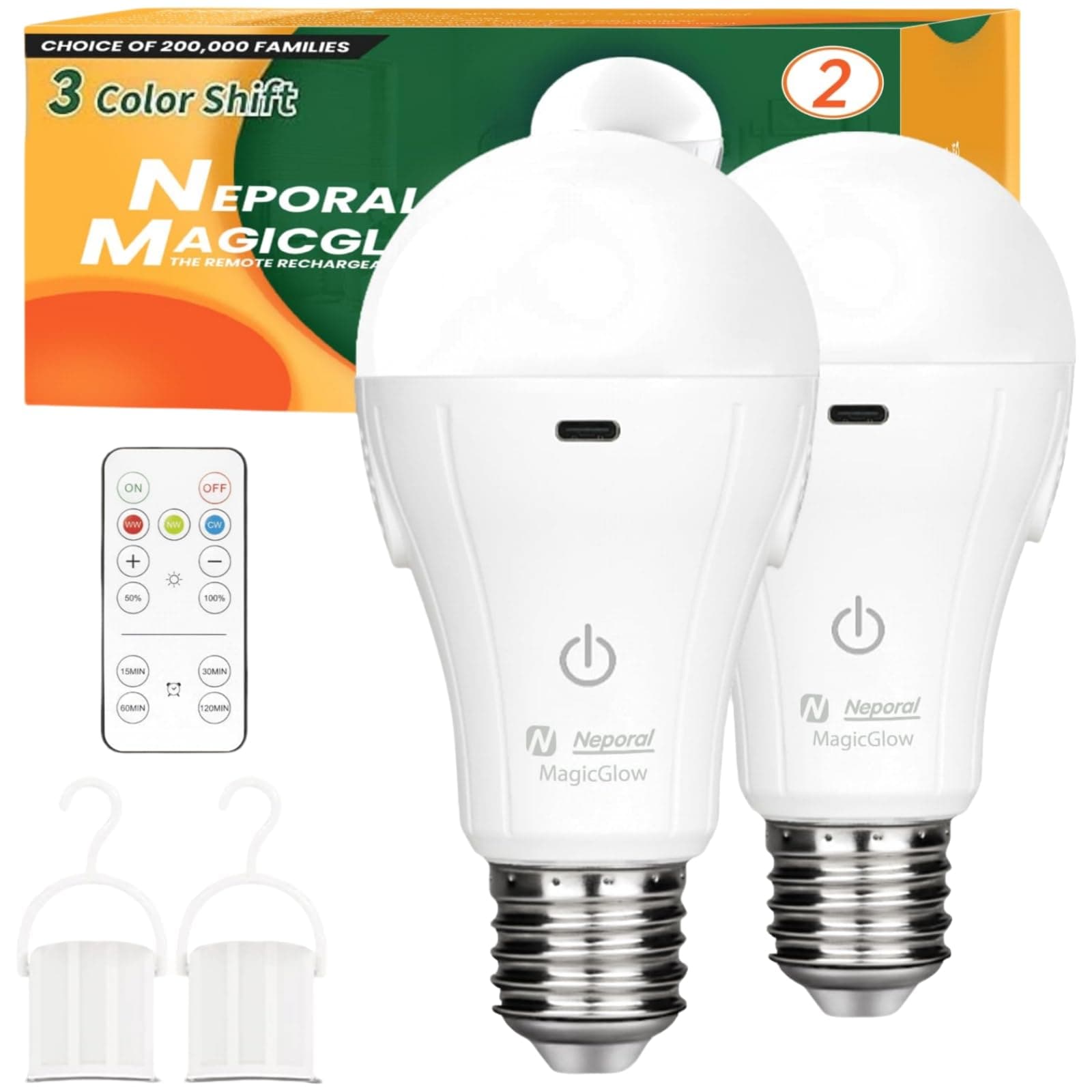 MagicGlow Rechargeable Light Bulbs with Remote, 3 Hue Shift + Dimmable Battery Powered Light Bulbs, USB Rechargeable, A19 E26 Emergency LED Light Bulbs, 15W, Up to 24 Hours (Modern, Count, 2)
