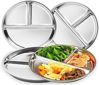RUIBOLU Portion Control Plates Stainless Steel For Adults Weight Loss/Diabetic Diet/Divided Plate Unbreakable Round Metal Dish Plates/Kitchen Camping Picnic/ 9 Inch (4)