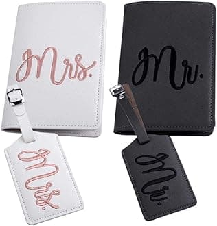 Mr and mrs passport covers and luggage tags gift set，Honeymoon embroidery Travel Luggage Tags Passport Cover for Wedding Bridal Shower Gift