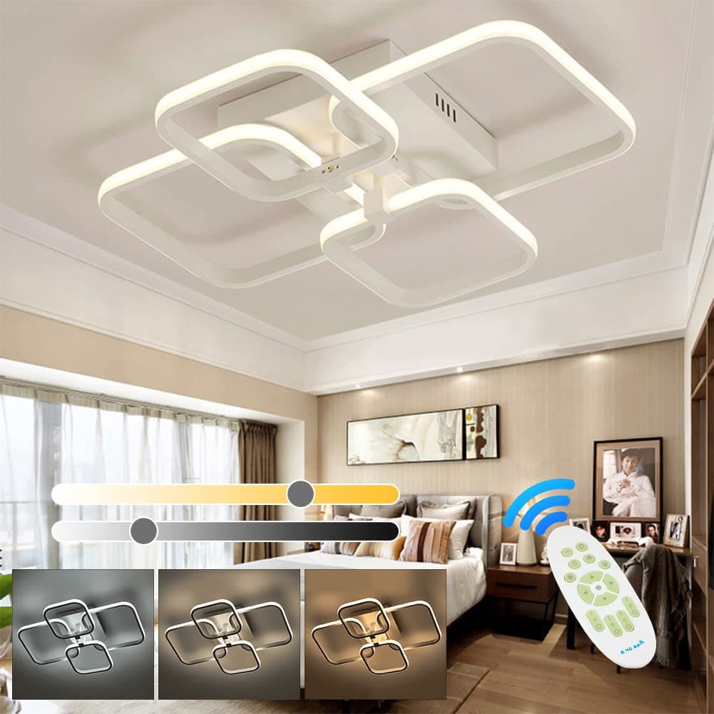 LED Dimmable Ceiling Lights with Remote, Chandelier with 4 Squares, Flush Mount Ceiling Lamp for Living Room, Kitchen, Office, Bedroom, Dining Room (2800k-6000k, White, 6-15㎡)