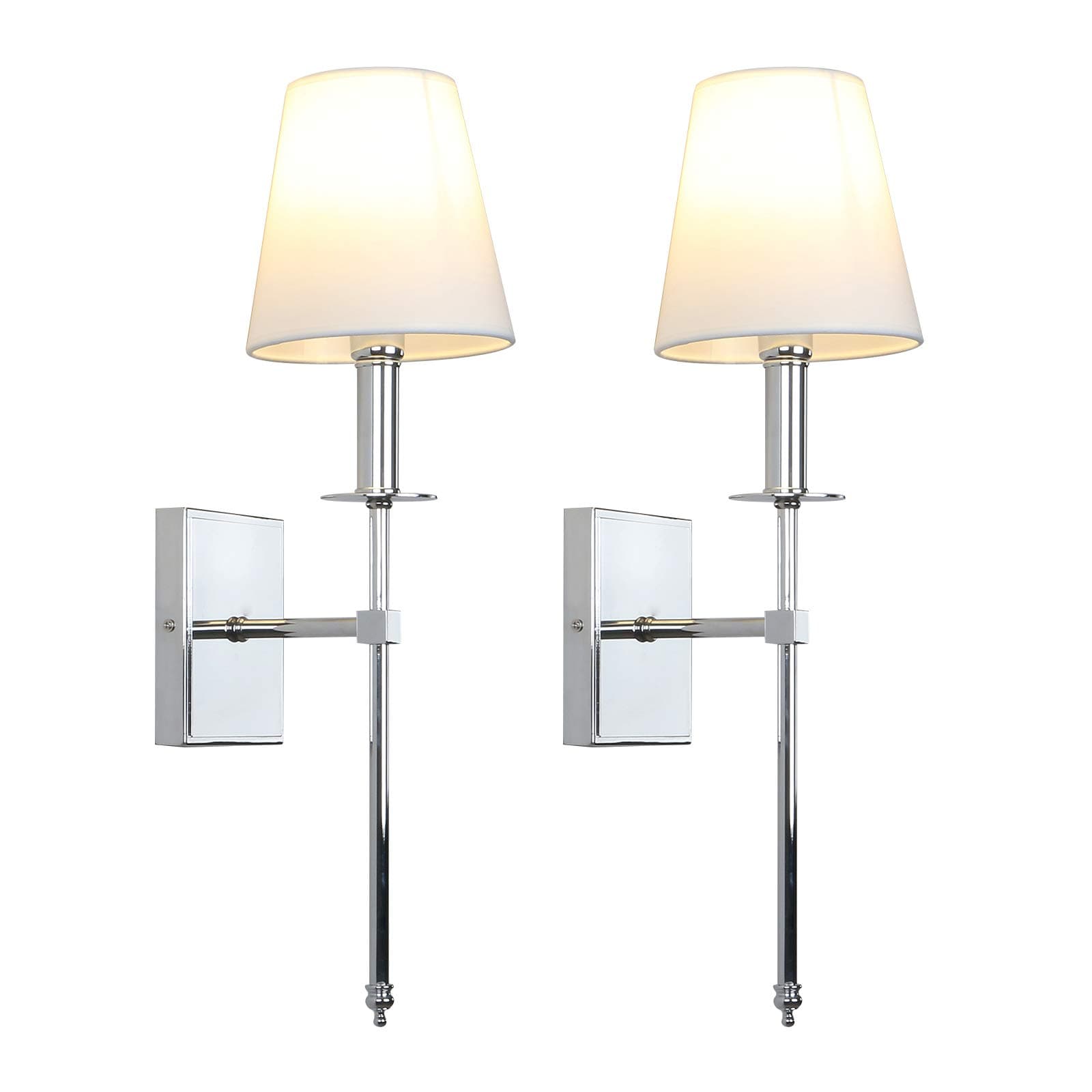 PERMO Set of 2 Classic Rustic Industrial Wall Sconce Lighting Fixture with Flared White Textile Lamp Shade and Chrome Tapered Column Stand, Hardwired, E26 Base