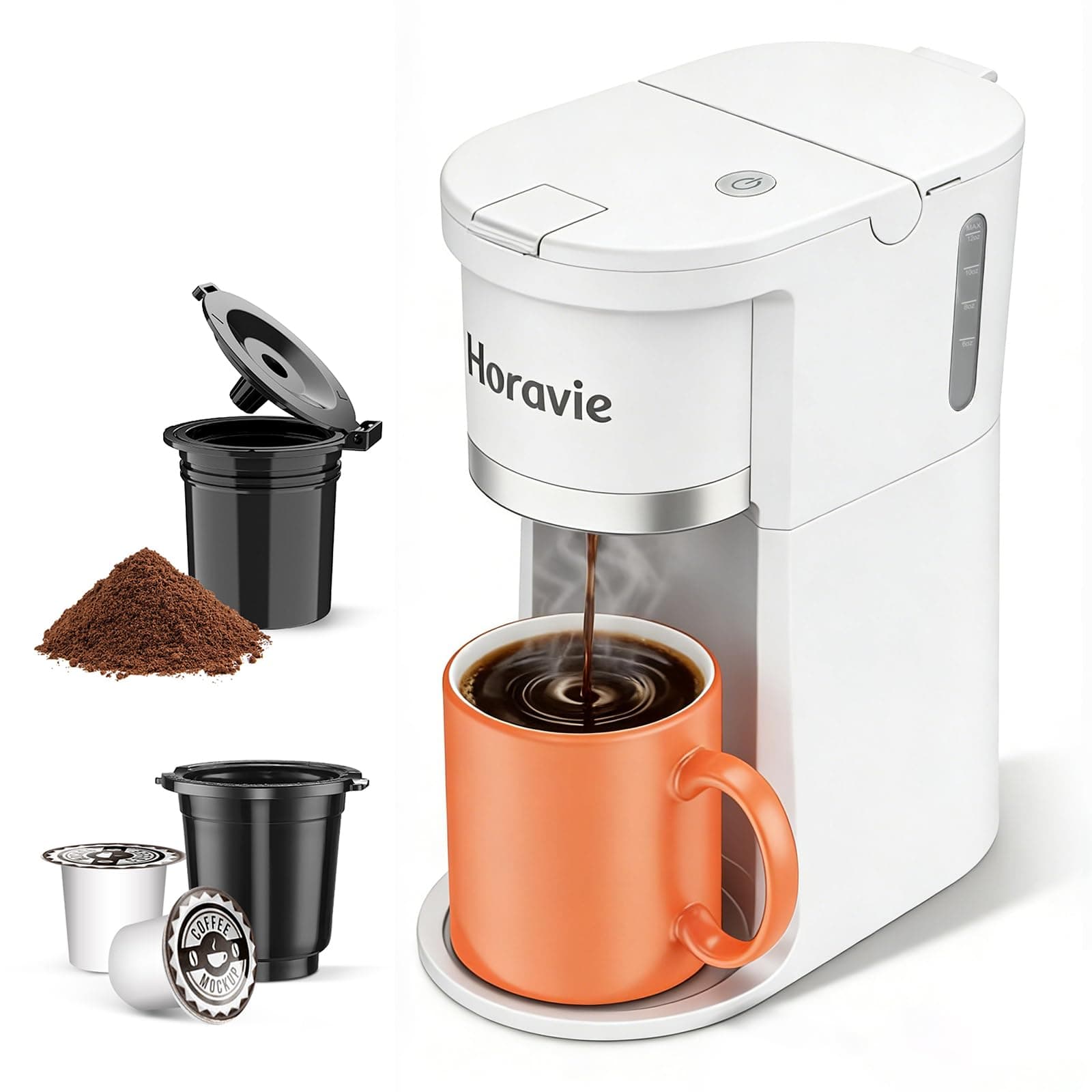 Small Single Serve Coffee Maker, Fast Brew One Cup Coffee Machine for K Cup and Grounds, 6 to 12 oz. Brew Sizes, Capsule Coffee Machine with Descaling Reminder and Viewing Tank, White