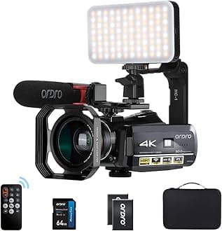 ORDRO Camcorder 4k Video Camera, HD 1080P 60FPS Vlog Camera IR Night Vision Video Recorder WiFi Camcorder with 64G SD Card,Microphone, LED Light, Wide-Angle Lens, Handheld Holder and Carrying Case
