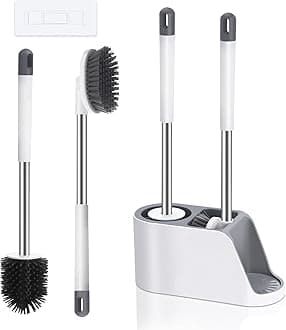 - Toilet Cleaning Brushes Set Holder Stand with Silicone Toilet Bowl Brush & Soft Bristles Bathroom Cleaning Floor Scrubber Brush, with Ventilated Drying Stand, Self Adhesive Wall Mounted ToiletBrush