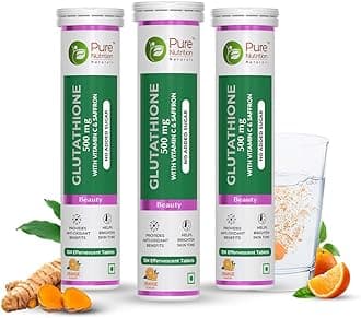 Pure Nutrition L-Glutathione 500mg 45 Effervescent Tablets (15x3) for Men & Women | With Vitamin C & Saffron | Anti-Aging Antioxidants for Glowing & Clear Skin | Supports Skin Brightening, Detox & Immunity | Orange Flavour