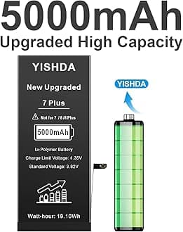 【5000mAh 】Battery for iPhone 7 Plus, YISHDA Li-ion Internal New Upgrade 0 Cycle High Capacity Battery Replacement for iPhone 7 Plus Model A1661 A1784 A1785 with Complete Professional Repair Tool Kit…