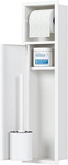 Recessed Toilet Brush Holder, SUS304 Stainless Steel Rustproof Recessed Toilet Brush Holder, in Wall Tissue Brush Storage Cabinet for Bathroom, Matte White, 4" Depth