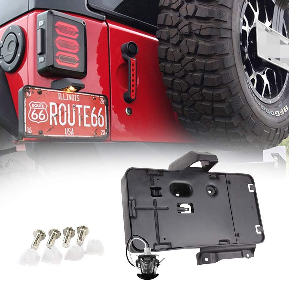 Black Rear License Plate Holder Frames Plastic Bracket with Light Compatible with 2007-2018 Jeep Wrangler JK License Plates Mounting Bracket