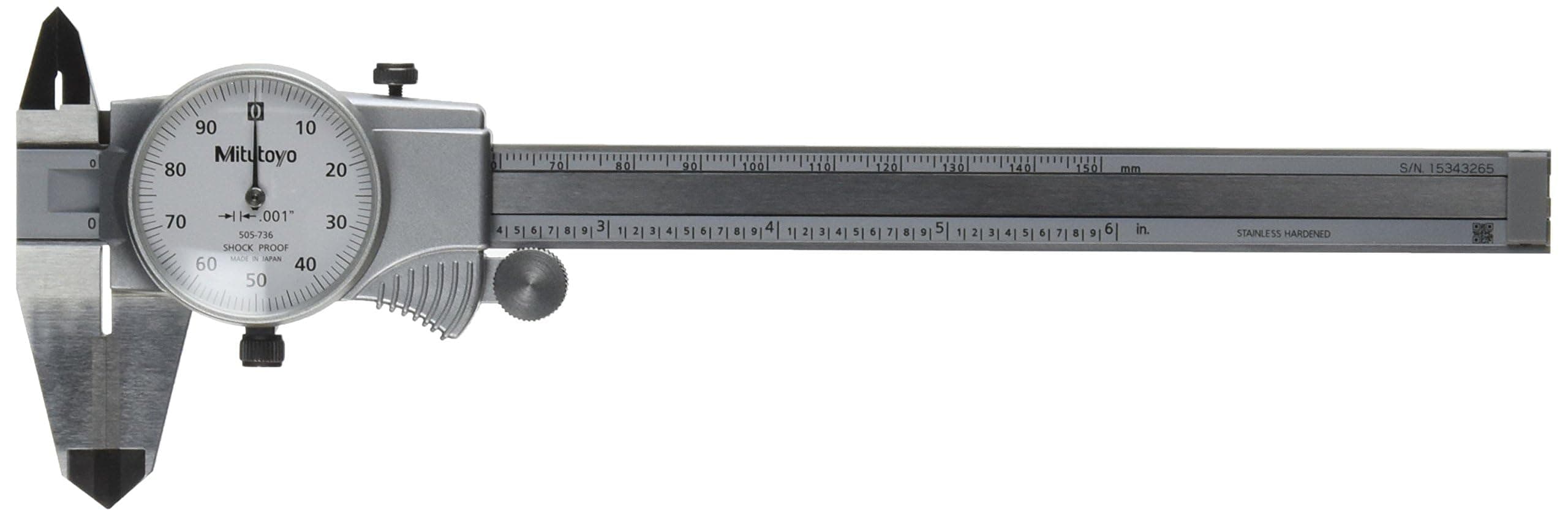 505-736 Dial Caliper with OD Carbide Tips, 01" per Revolution, 0-6" Measuring Range, 0.001" Accuracy, Designed for Precision Measurement in Mechanical and Engineering Applications