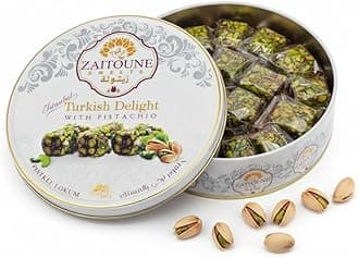 Zaitoune Pistachio Covered Turkish Delight – 0.55 lb | Stuffed with Delicious Nuts, Coated with Chopped Pistachios | Authentic Luxury Lokum Turkish Delight Candy in a Beautiful Gift Tin | Handmade & Individually Wrapped | Perfect Turkish Snacks