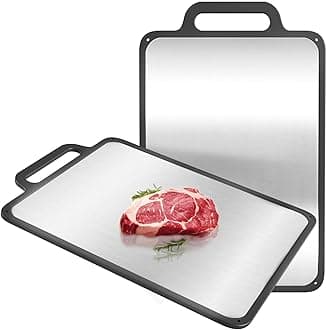 Double-Sided Cutting Board, 15.27" x 9.6", Premium 304 Stainless Steel Chopping Board for Meat, Vegetables, and Seafood, Non-Slip Design, Juice Grooves, Dishwasher Safe with Easy Grip Handle (Black)