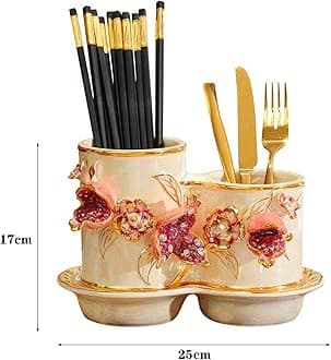 GLigeT Kitchen Utensils Holder Pomegranate Relief Utensil Caddy for Kitchen Countertop, 2-compartment Ceramic Utensil Holder, Cutlery Storage Organizer with Drain tray Kitchen Cutlery Holder