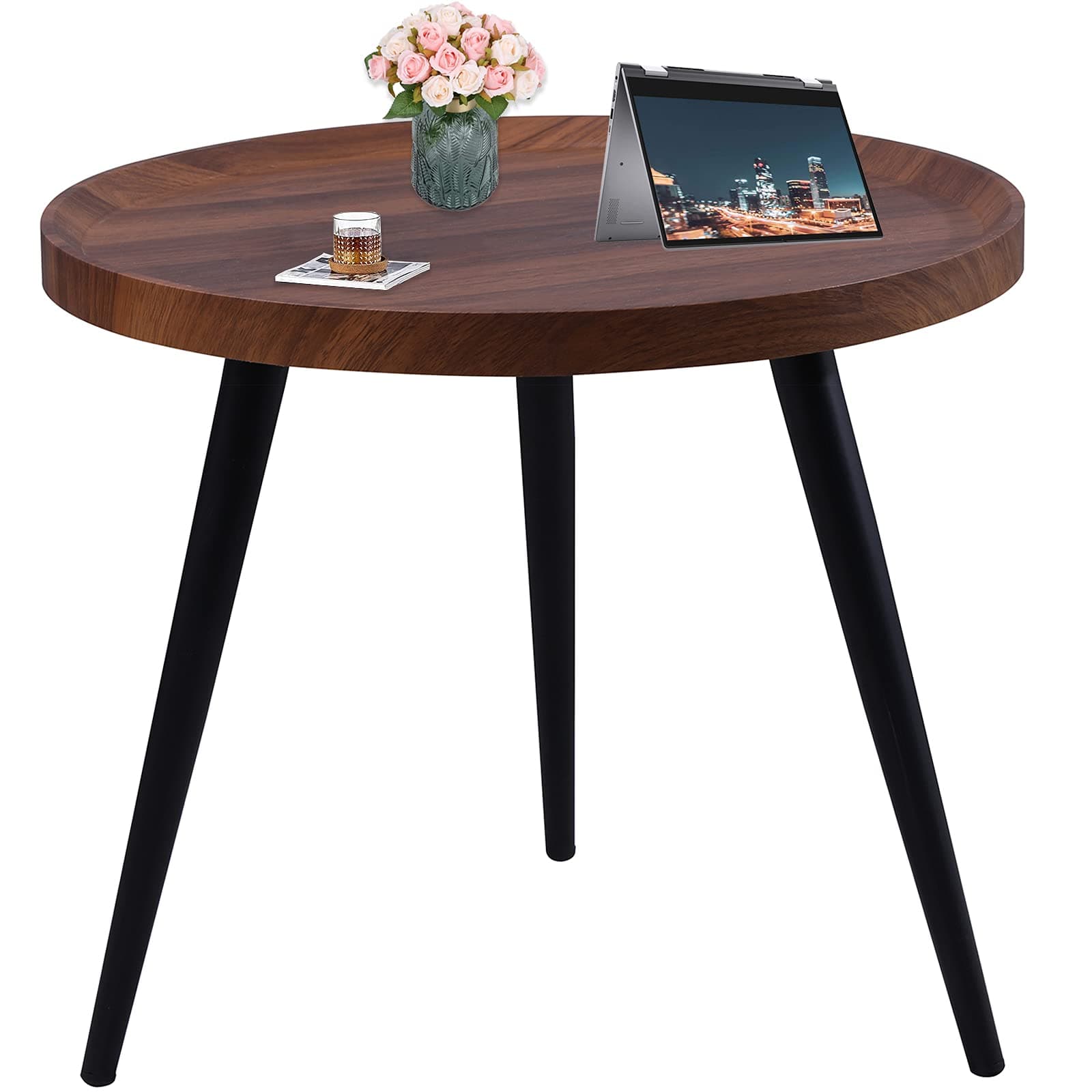 Round Coffee Table End Table Side Cafe Table with Metal Legs Mid Century Industrial Accent Wood Walnut Decorative Waterproof for Small Spaces Living Room Office Easy Assembly (Dia. 15.75 in), Black Walnut Color, 40CM