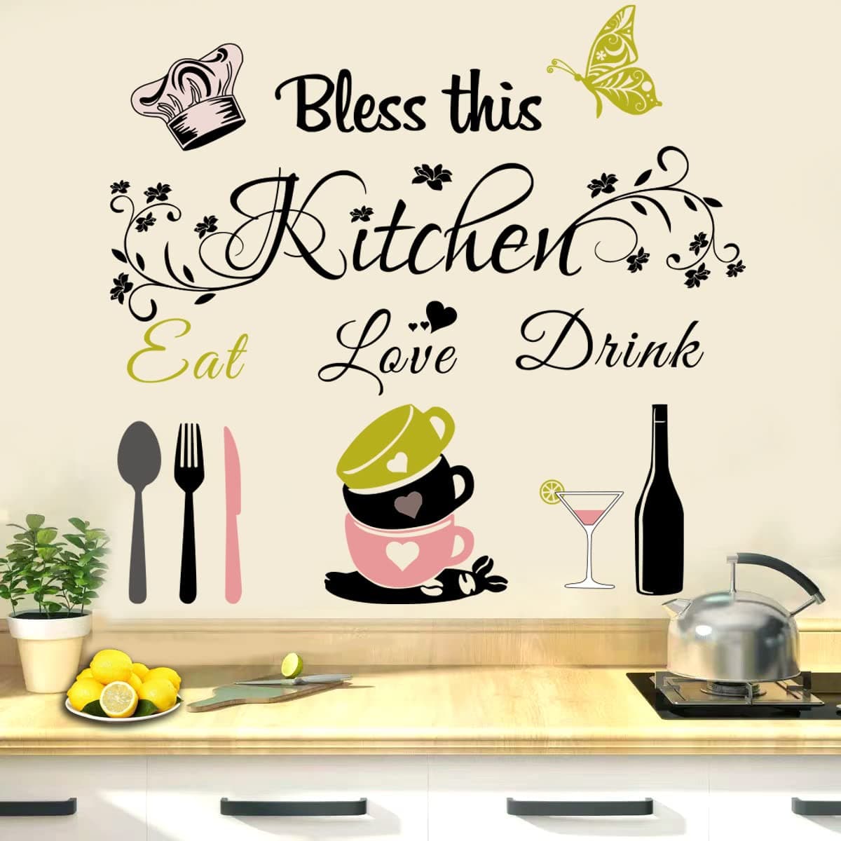 Kitchen Wall Decor Quotes Positive Word Bless This Kitchen Decal Vinyl Stickers, Decoration for Dining Room, Baking Room Bar Restaurant