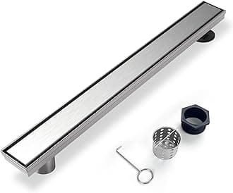 Offset Linear Shower Drain, Shower Drain 32 inch with 2-in-1 Tile Insert Cover, Brushed AISI 304 Stainless Steel Side Outlet Shower Floor Drain with Hair Catcher and Adjustable Feet