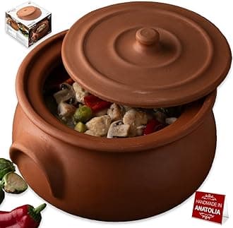 Hakan Suphan Handmade 7.6-Quart Large Clay Cooking Pot with Lid, Natural Unglazed Cookware, Terracotta Cazuela, Casserole Dish, Rice Cooking, Stewpot, Korean, Indian, Mexican Dish 7.2 L